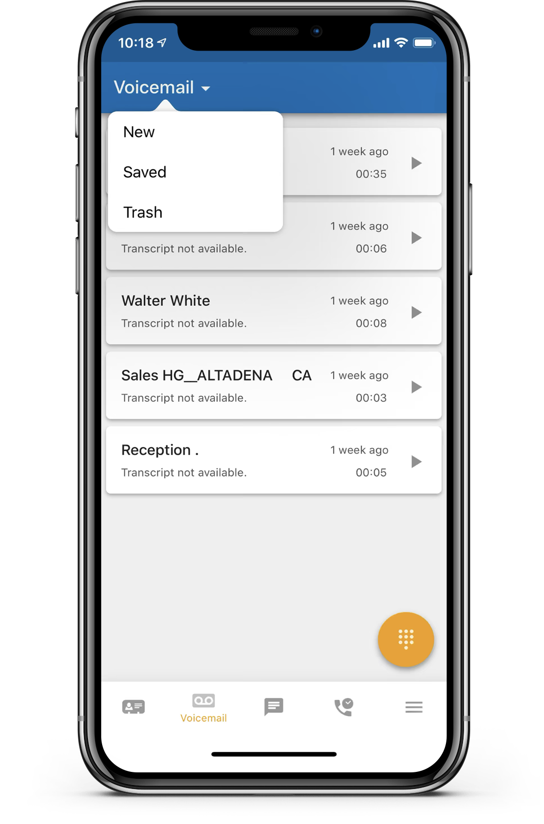 Tierzero App displaying voicemail box